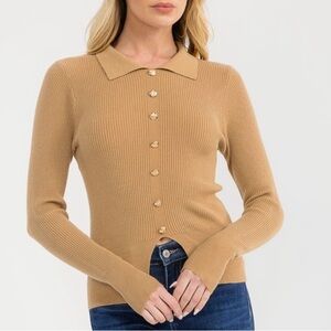 EVER B 🆕 Cotton Blend Stretch Ribbed Collared Button Front Pullover Tan NWT Med
